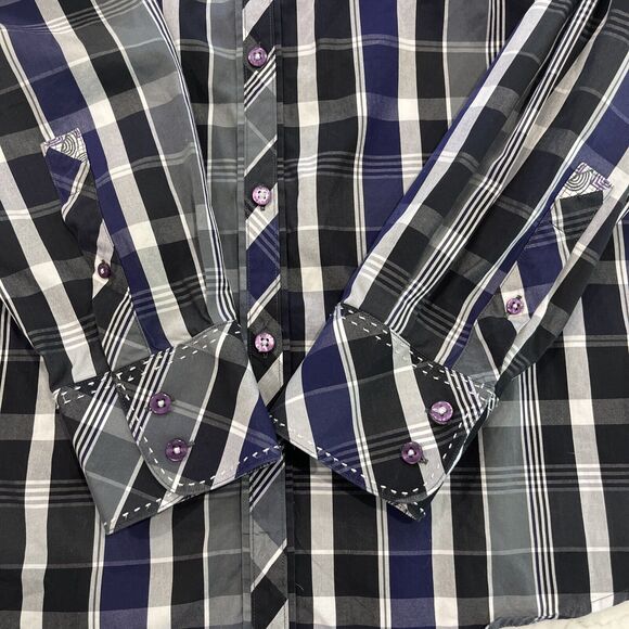 Zagiri Mens L Purple Black Plaid Button Up Flip Cuffs Embroidered Stich Shirt - Picture 5 of 11